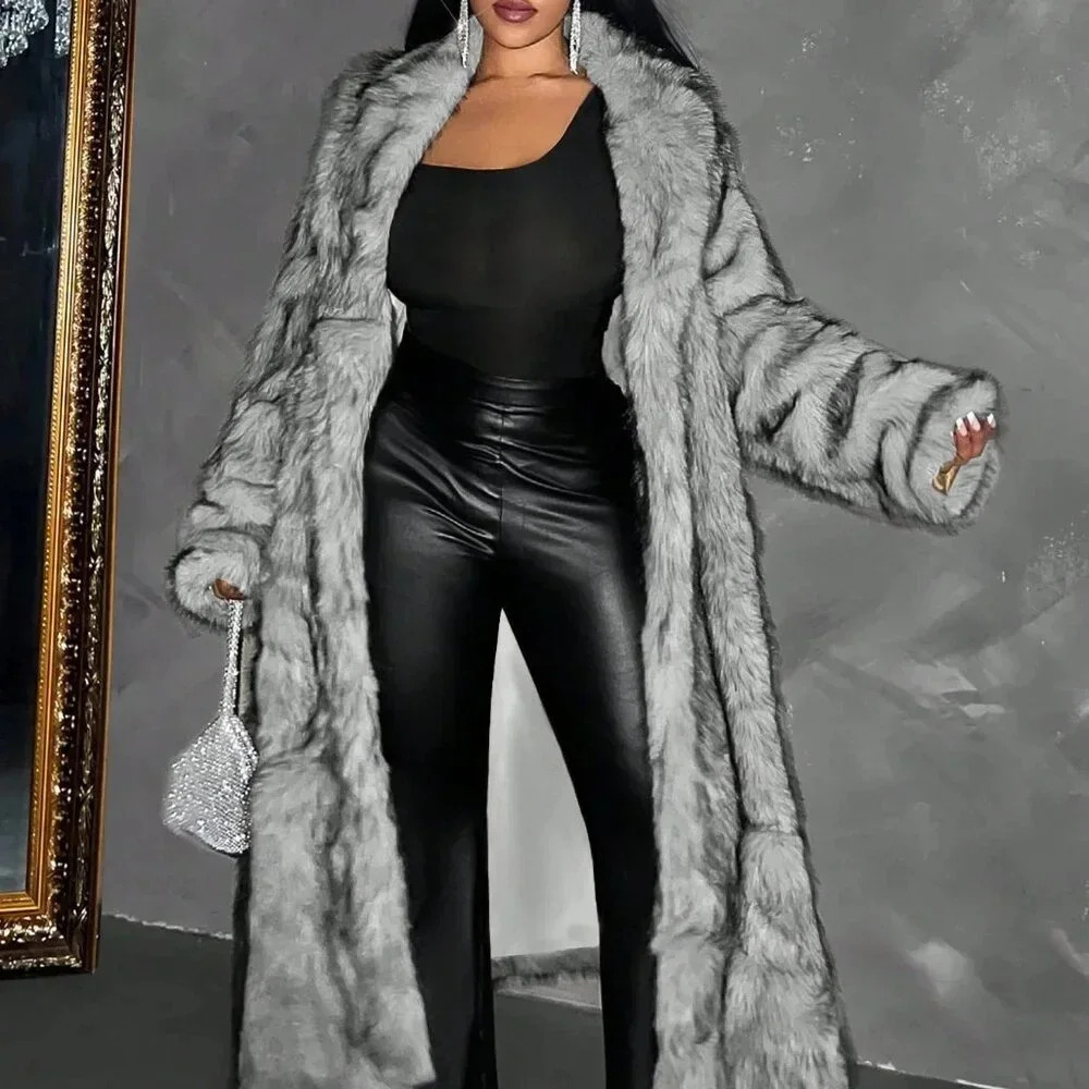 Grey Women's Plus Size Fluffy Long Coat